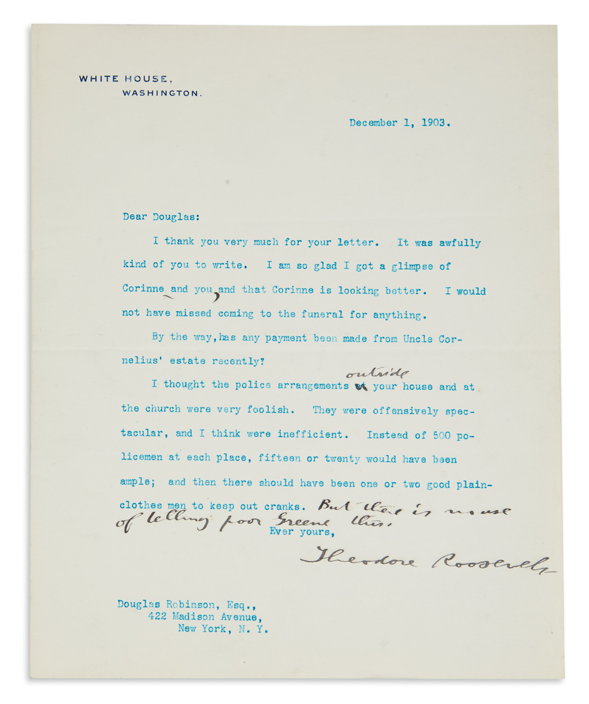 ROOSEVELT, THEODORE. Group of 5 Typed Letters Signed, as President, each to the family of his sister Corinne Roosevelt Robinson, some w